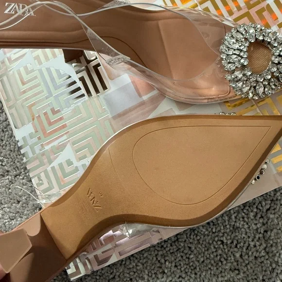 Zara Tan Slingback Heels with Crystal Embellishment size 40 - Picture 4 of 7